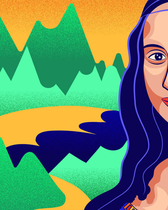 Detail vector illustration dedicated to Mona Lisa's smile, depicting a fragment of her face