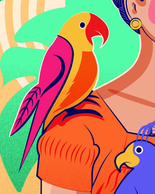 Detail vector illustration - Me and my parrots - Tribute to Frida Kahlo depicting a parrot seated on Frida Kahlo's shoulder