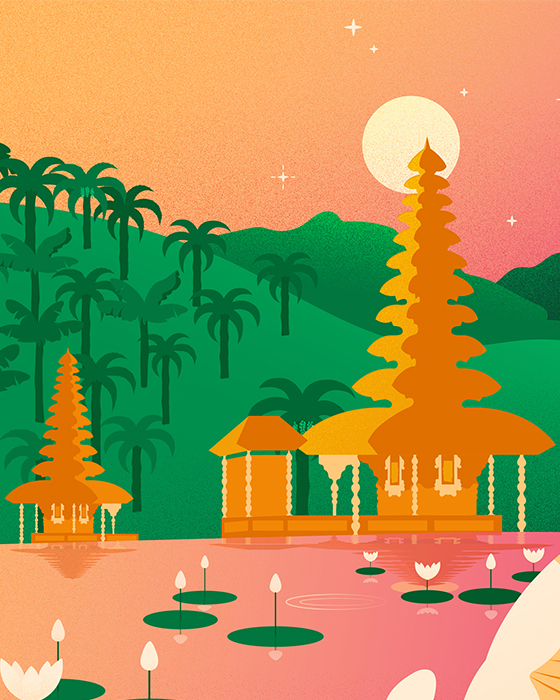 Bali travel illustration series - Night light detail Balinese temples