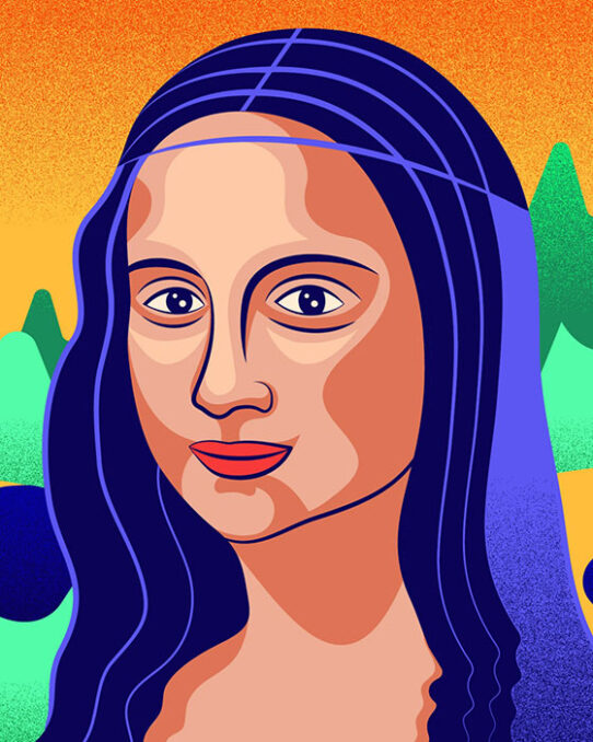 Detail vector illustration dedicated to Mona Lisa's smile, depicting her head