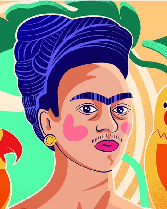 Detail vector illustration - Me and my parrots - Tribute to Frida Kahlo depicting Frida Kahlo's head