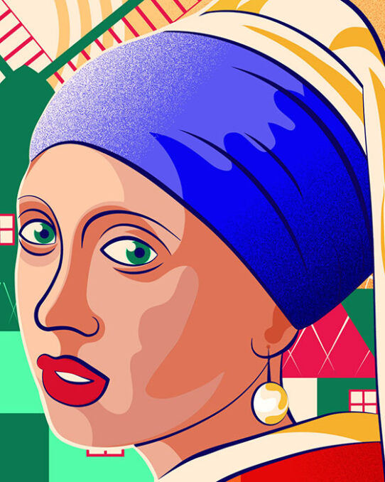 Detail vector illustration The girl with a pearl earring - detail girl's face and wind mills