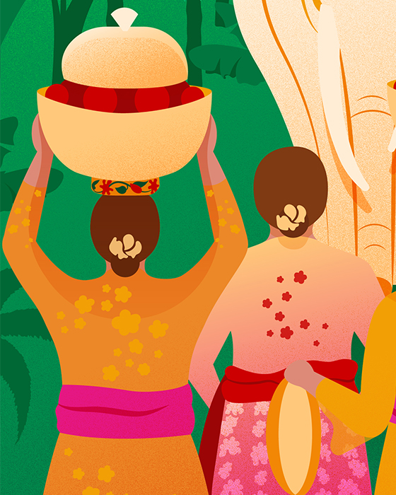 Bali travel illustration series - Local and unique detail group of two Balinese women, one with a basket on her head