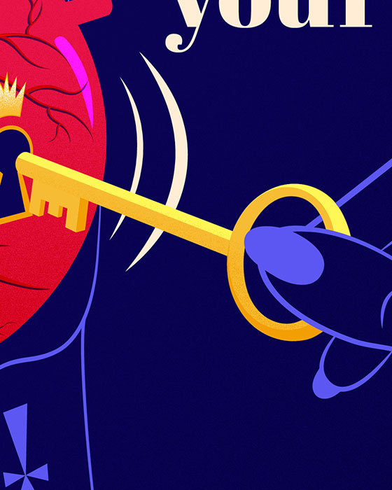 Detail vector illustration editorial illustration - Open up your heart - created by Loredana Codau, opening the heart with a golden key detail