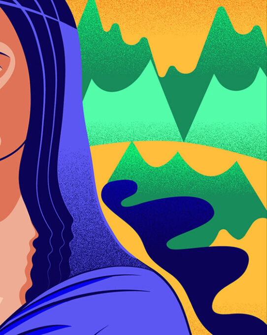 Detail vector illustration dedicated to Mona Lisa's smile, depicting a fragment of her face