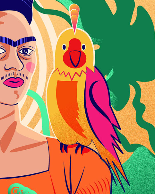 Detail vector illustration - Me and my parrots - Tribute to Frida Kahlo depicting a fragment of Frida Kahlo's face and a parrot seated on her shoulder