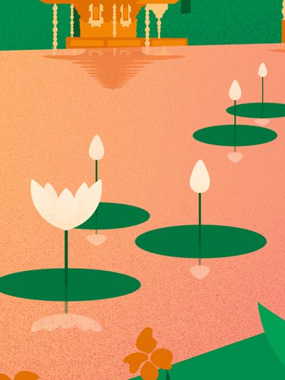 Bali travel illustration series - Night light detail lotus flowers