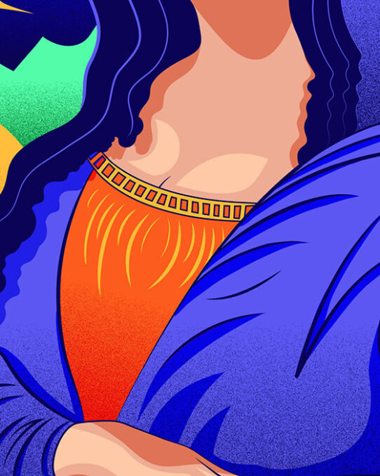 Detail vector illustration dedicated to Mona Lisa's smile, depicting a fragment of her bust