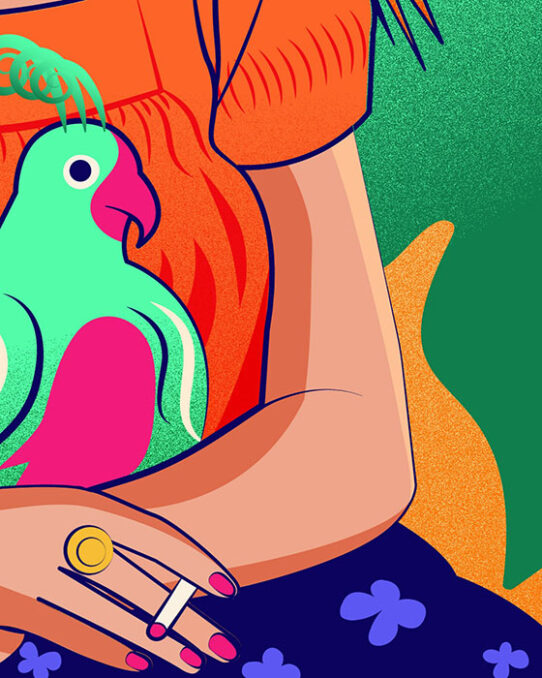 Detail vector illustration - Me and my parrots - Tribute to Frida Kahlo depicting a parrot seated in Frida Kahlo's lap