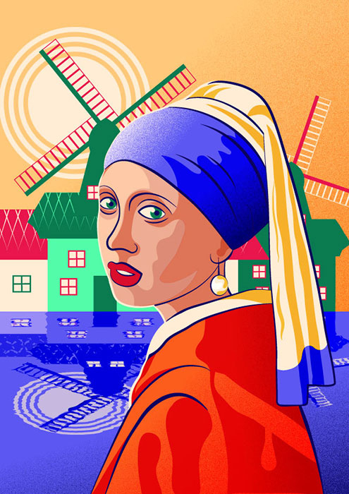 Personal interpretation of The girl with a pearl earring painted by Vermeer. Behind the female character are depicted traditional windmills.
