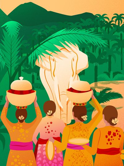 Bali travel illustration series, depicting the symbol of Ganesha, the elephant and a group of Balinese women