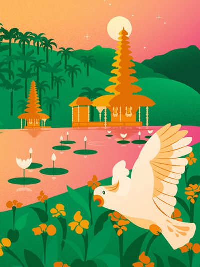 A white parrot is flying on top of exotic flowers. Behind, on a pond there are lotus flowers and two Balinese temples, in a tropical background.