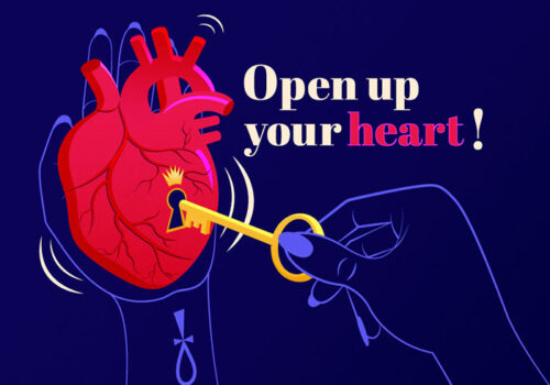 A woman is holding with one hand a human heart and with the other hand a key with which she's unlocking the key hole located in the heart.