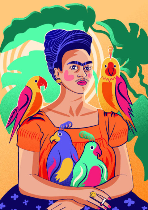Personal interpretation of Me and my parrots painted by Frida Kahlo. Frida is depicted with her four parrots. In the background there are tropical leaves and the Sun