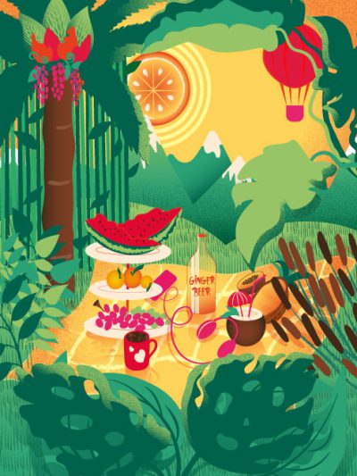 Vector illustration depicting a picnic without people in a tropical landscape with exotic vegetation and mountains in the background. Tropical illustration