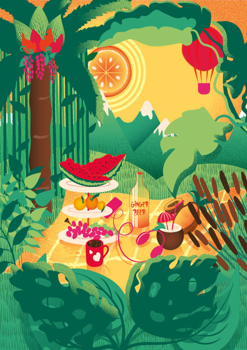 Vector illustration depicting a picnic without people in a tropical landscape with exotic vegetation and mountains in the background. Tropical illustration