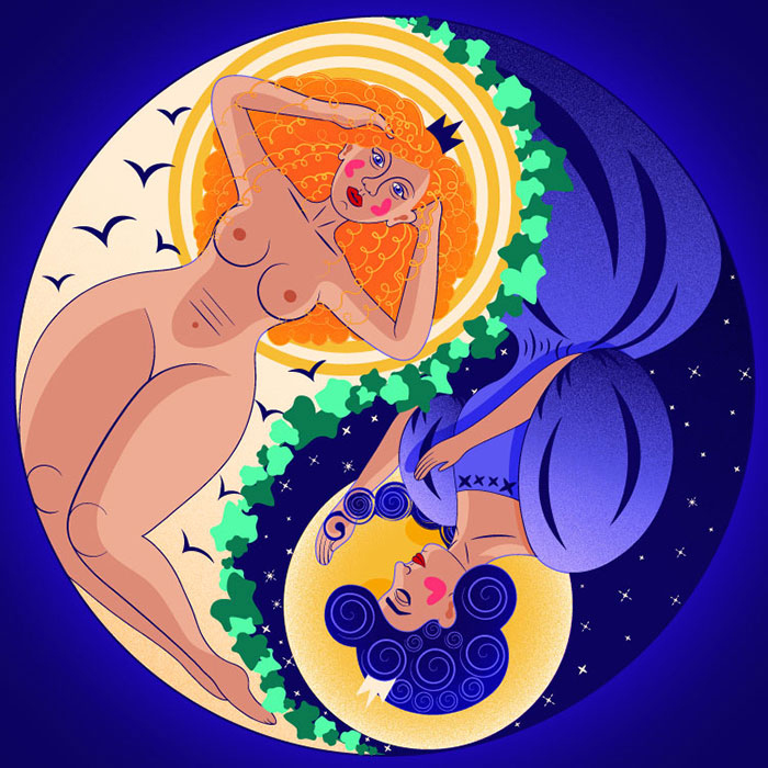 Two young women are depicted inside a circle which forms Yin and Yang. One of them is depicted naked, resting her head on the Sun and being surrounded by flying birds. The other one is depicted dressed, sleeping with her head on the moon. The two characters are separated by ivy leaves.