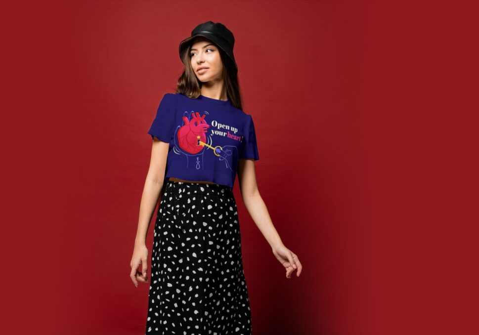 Mockup t-short print design vector illustration Open up your heart depicting a young woman wearing a t-short with the print, paired with a long skirt and a hat