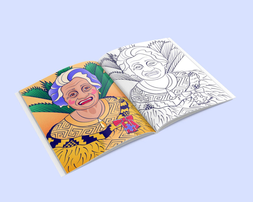 Mockup illustration book The portrait of Dame Whina Cooper illustration, the book depicts the coloured version and the line art for colouring page one