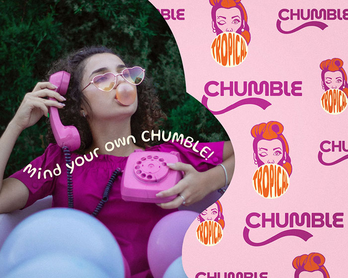 Chumble Chewing Gum social media post. A girl holding a hot pink phone while chewing gum, on top the tagline Mind your own Chumble. The composition includes an illustrated brand pattern