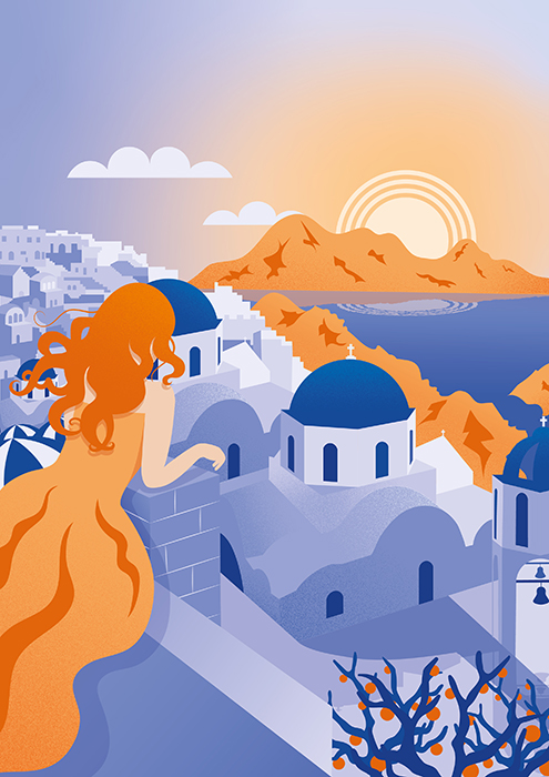 Panoramic view towards the Santorini coast, a young girl with her hair in the wind is contemplating the houses, churches and mountains seen in the dusk light