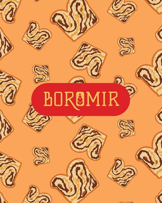 Boromir logotype placed on a pattern featuring slices of sweet swirl bread illustrated