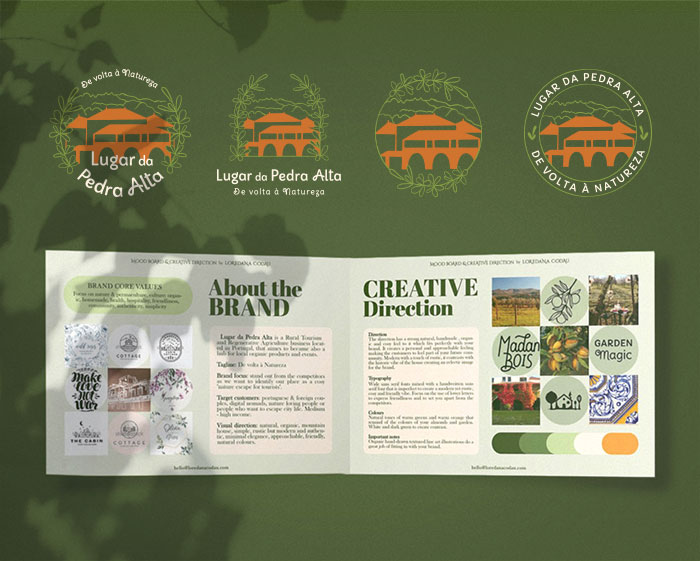 Lugar da Pedra Alta logo variations and creative direction depicted under the shadow of a tree branch