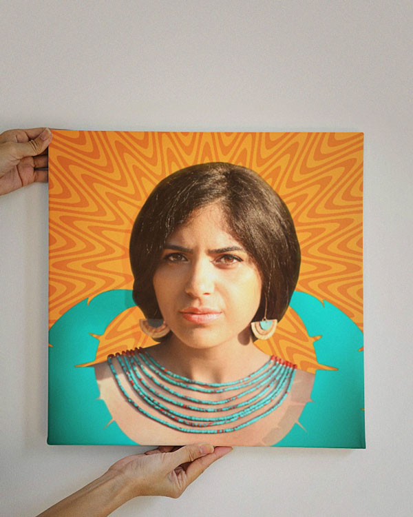 Photo manipulation and illustration custom portrait mockup depicted as a poster printed and hold in hands by a woman