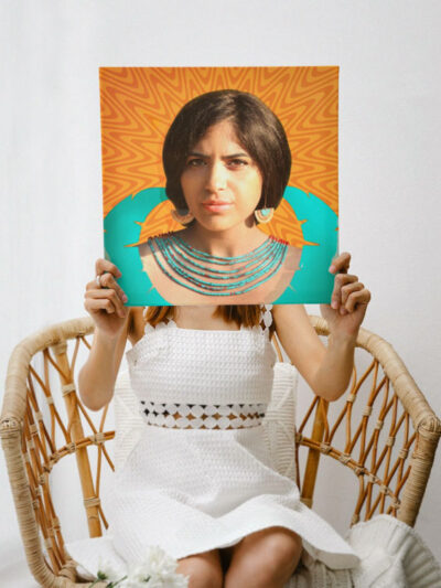 Photo manipulation and illustration custom portrait mockup depicted as a poster printed and hold in hands by a woman dressed in white