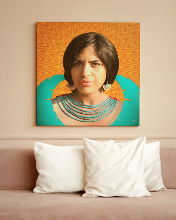 Photo manipulation and illustration custom portrait mockup depicted as a poster printed and placed on top of a couch with pillows