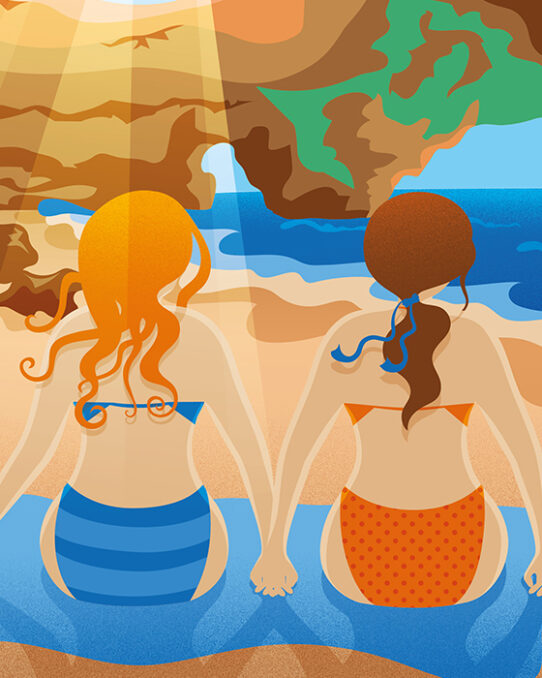 Detail female characters Ocean and shore in Benagil Cave, Algarve, Portugal. Travel editorial illustration