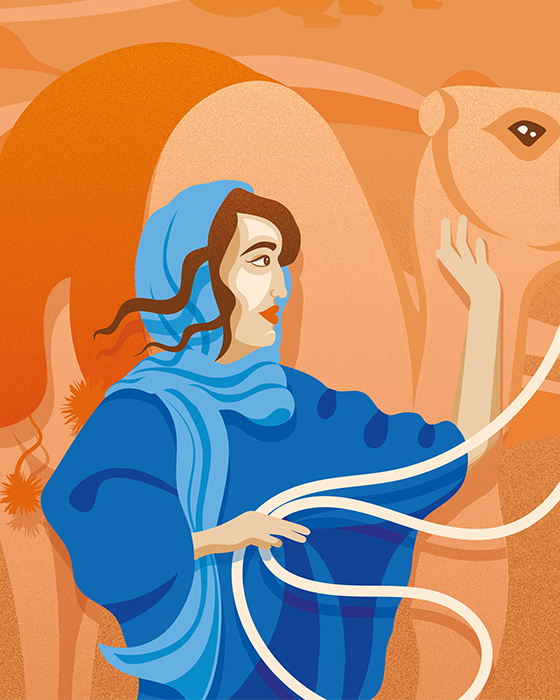 Detail female character with camel Sand in Sahara, Morocco Travel editorial illustration