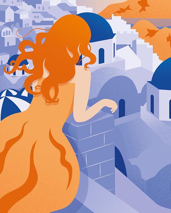 Detail female character Dusk in Santorini, Greece, travel editorial illustration