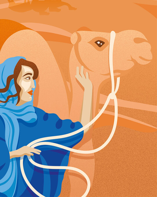 Detail female character with camel Sand in Sahara, Morocco Travel editorial illustration