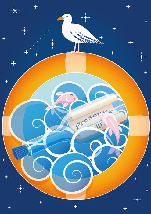 Inside a lifeline, there is depicted a bottle floating on the waves. Inside the bottle, there is a message on which is written Preserve life. There are two fish jumping over the bottle. On top of the lifeline, there is depicted a seagull.