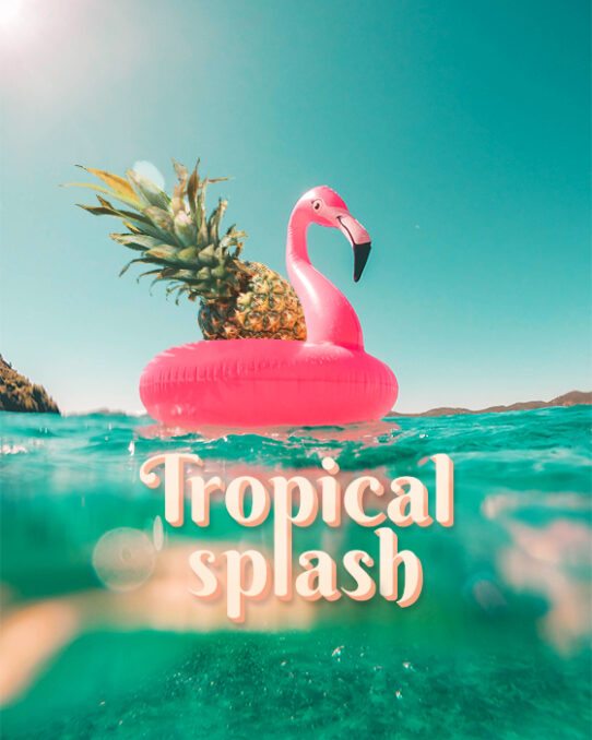 Tropical splash primary logo on top of a photo with a flamingo and a pineapple floating on the sea