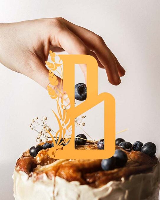 Boromir logomark placed on top of a photo featuring a woman's hand placing a blueberry of a sweet swirl bread