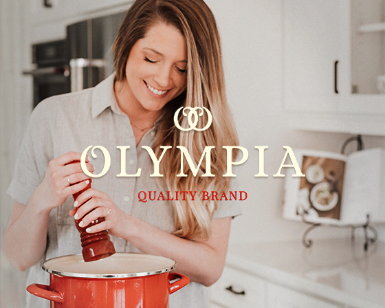 Rebranding Olympia mockup primary logo - behind the logo there is a young women cooking in the kitchen - passion project by ©Loredana Codau