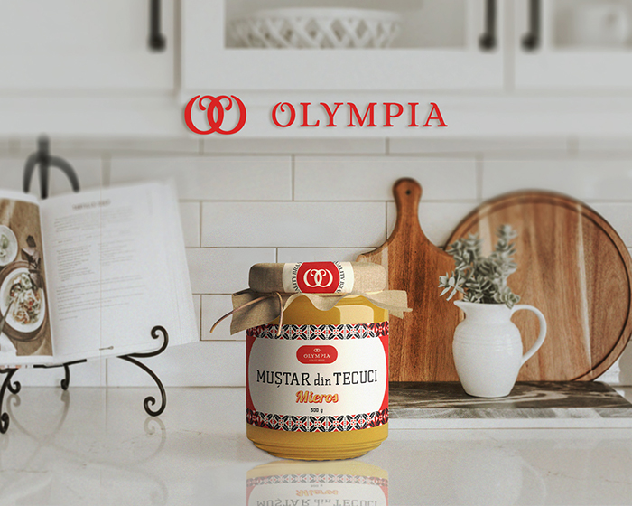 Olympia Mustar din Tecuci Mustard from Tecuci mockup - a jar of mustard seen in the kitchen -rebranding passion project by ©Loredana Codau