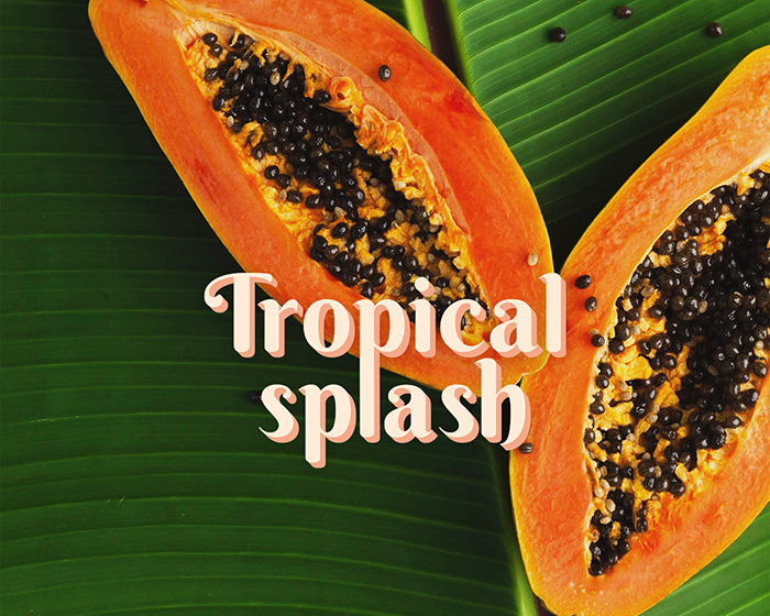 Tropical splash primary logo on top of a photo with two slices of papaya on a leaf of palm