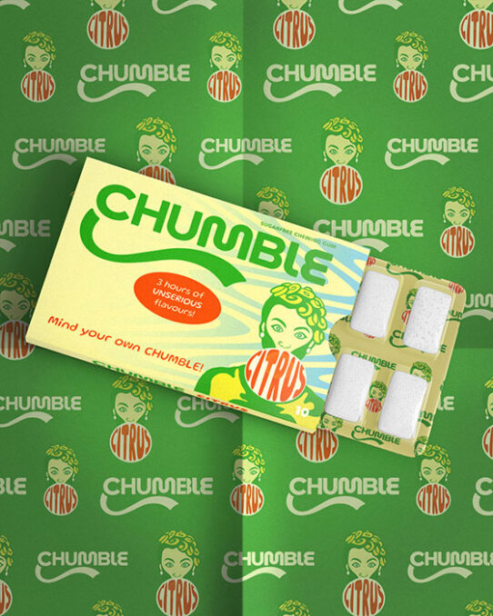 Chewing Gum packaging design Citrus flavour. The package is depicted placed on paper with the brand pattern