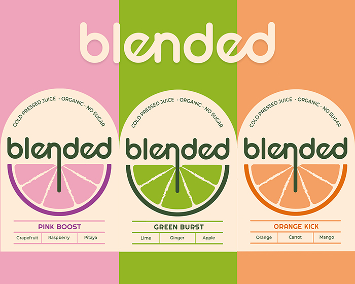 Cold pressed juice branding and label design Blended by ©Loredana Codau