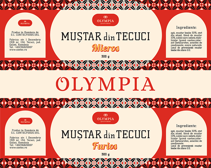 Die cut label design for Mustar din Tecuci Mustard from Tecuci - packaging design with Romanian folk art motifs -rebranding passion project by ©Loredana Codau