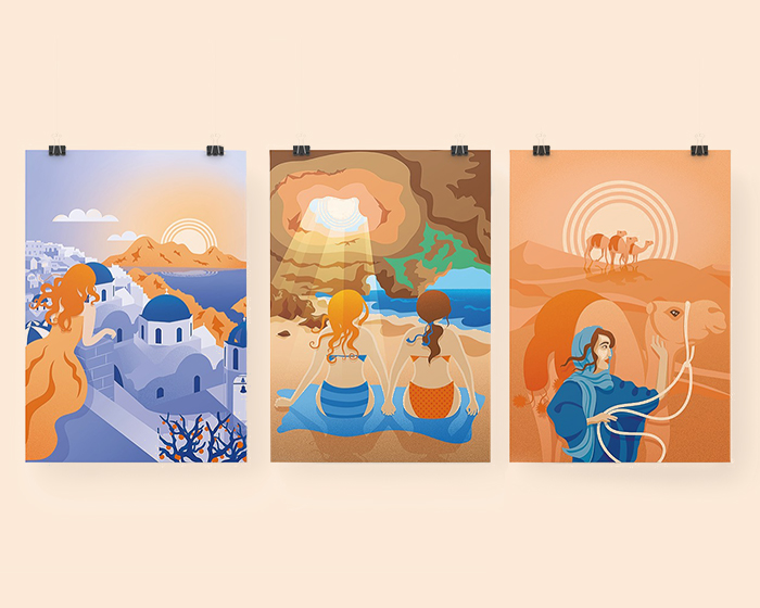 Mockup posters travel illustrations Women who travel Santorini, Algarve and Sahara Desert created by ©Loredana Codau