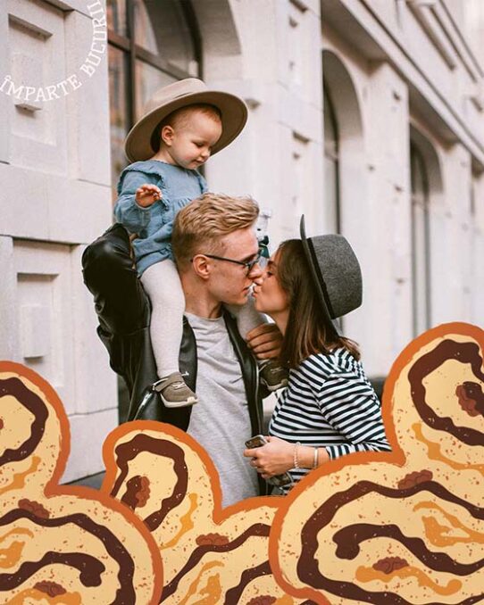 Slices of sweet swirl bread illustrated are placed on a photo featuring a young and happy family