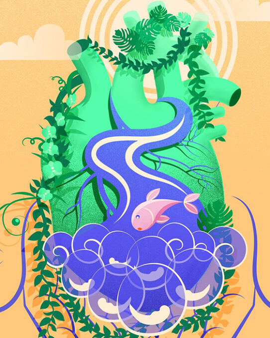 Detail vector Environmental editorial illustration - Preserve - depicting a fish jumping into the waves, on a human heart covered by grass and flowers
