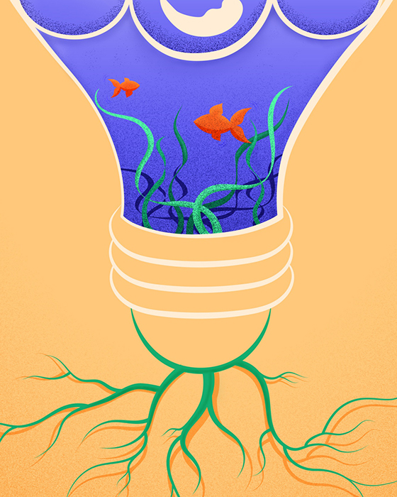 Inside a light bulb are depicted the Sun, the wind, the water with waves and marine life. The light bulb has roots.