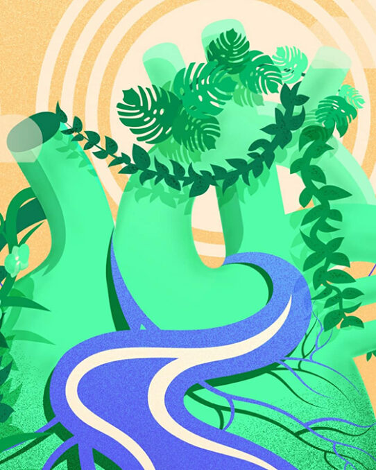 Detail vector Environmental editorial illustration - Preserve - depicting a fragment of a human heart covered by grass and flowers, and a river