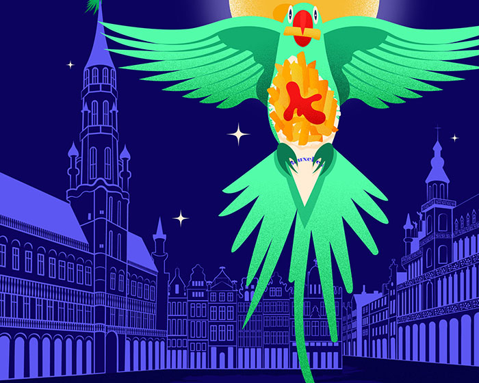 Detail Parrots of Brussels vector illustration high-quality digital download (printable) depicting a parrot flying and holding belgian fries in the claws in Grand Place