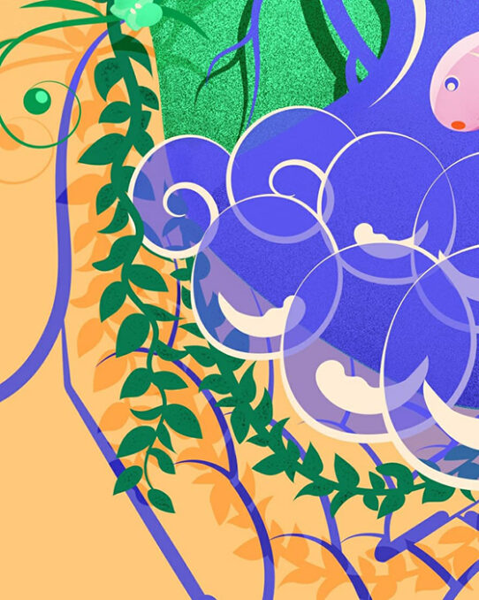 Detail vector Environmental editorial illustration - Preserve - depicting a fragment of a human heart covered by grass and flowers, waves